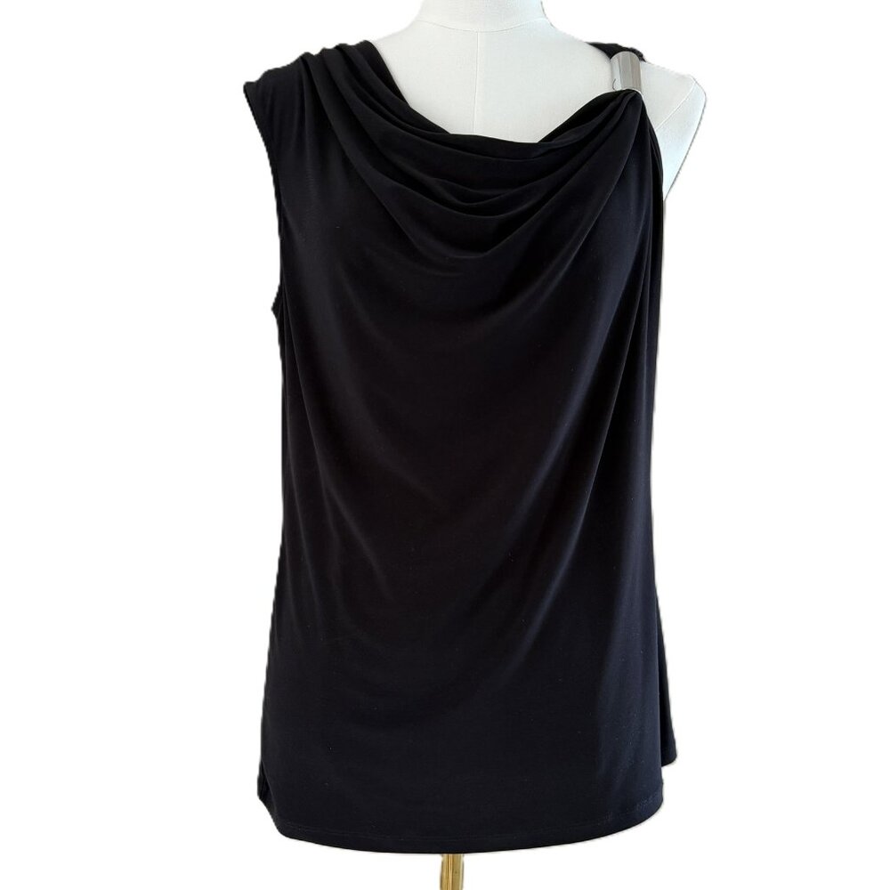CHAUS | Women's Sleeveless Black Drape Neck Top Shirt Silver Ornament Sz M